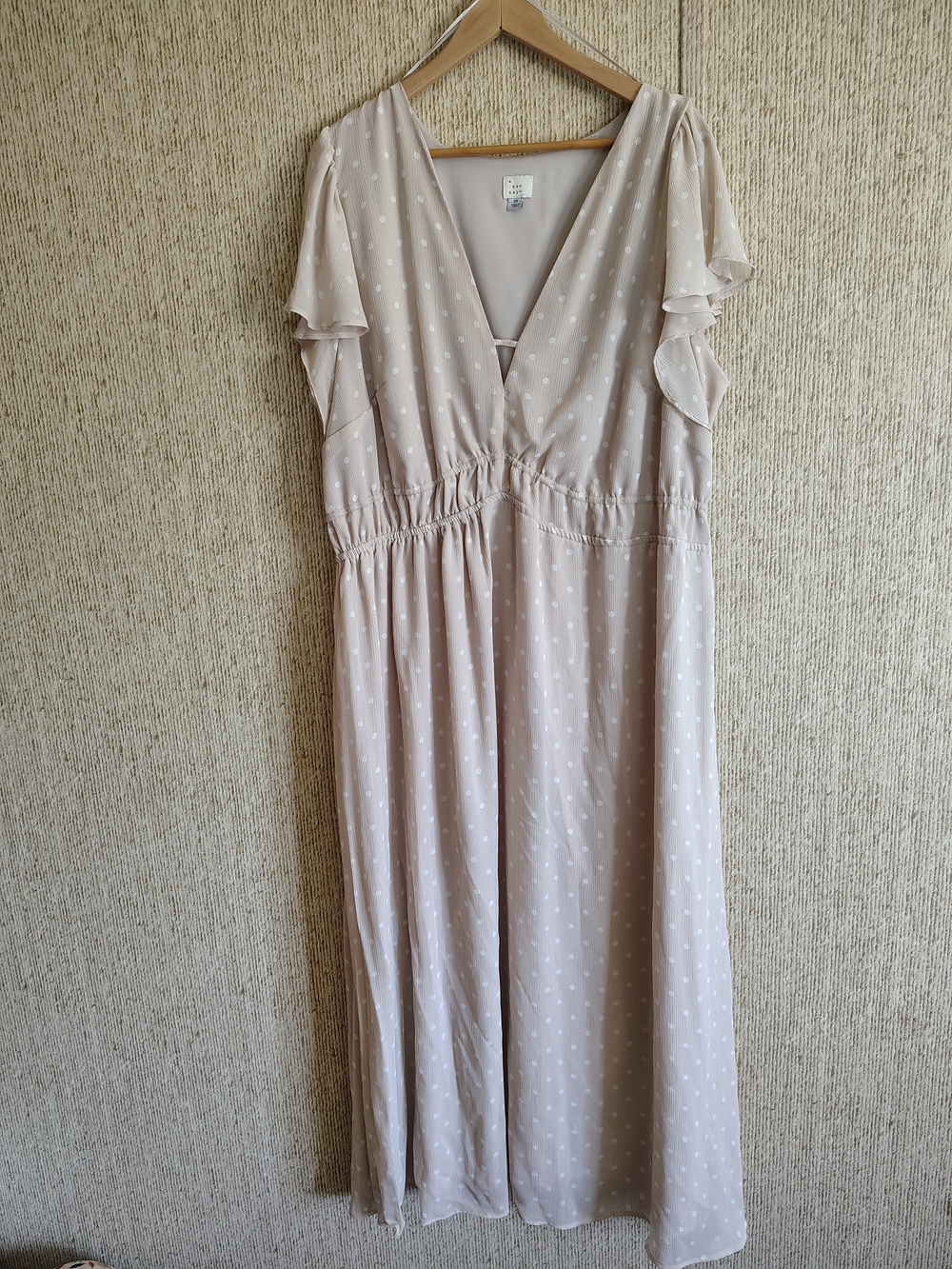 a new day Soft Taupe Polka Dot V-Neck Maxi Dress, Ruffle Sleeves, Sz 2XL